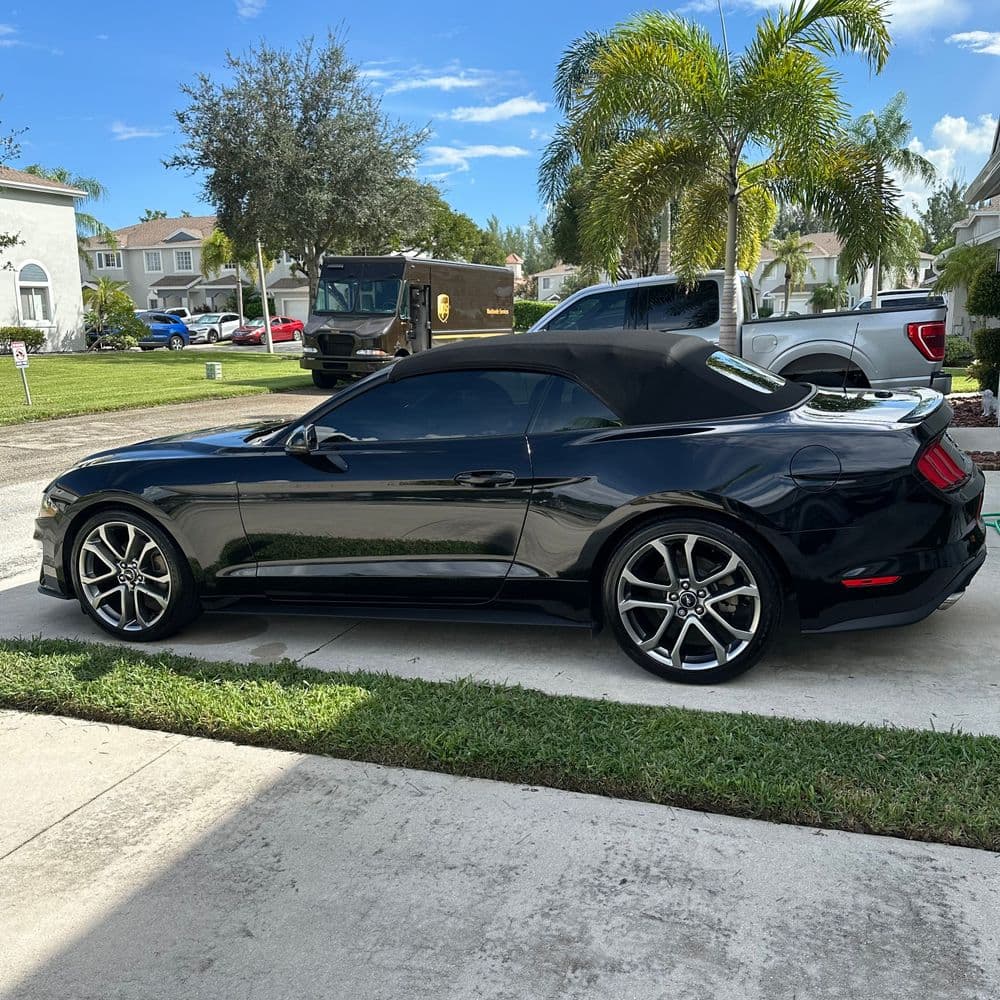 Black convertible sports car parked in a residential neighborhood under a clear blue sky.